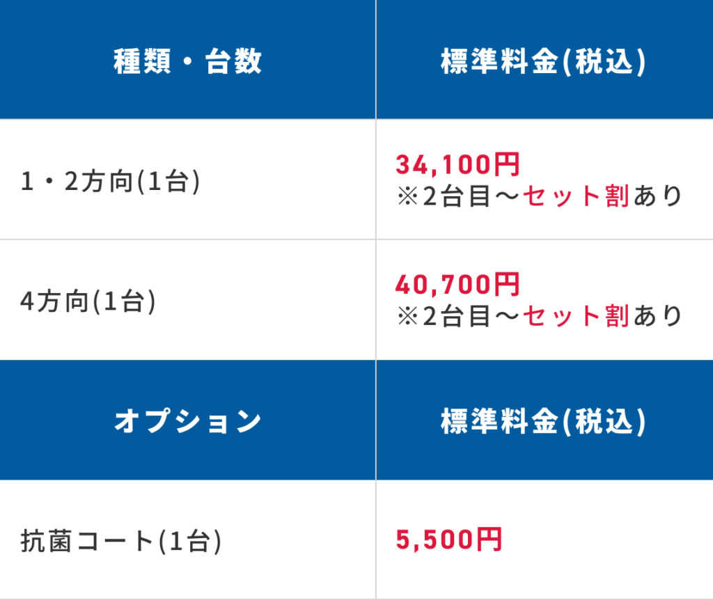 天井埋込タイプのエアコンの料金表。2台セット割あり。
